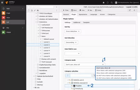 Screenshot: Kategorien im Plugin einstellen