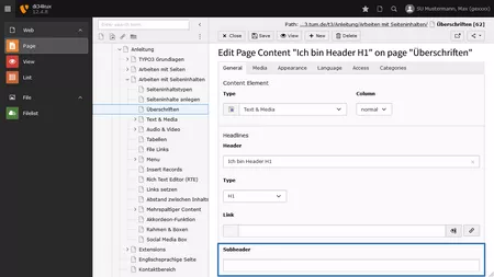 Screenshot: Subheader eintragen