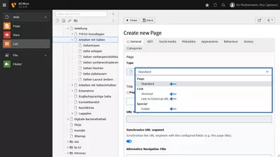 Screenshot: Verschiedene Seitentypen